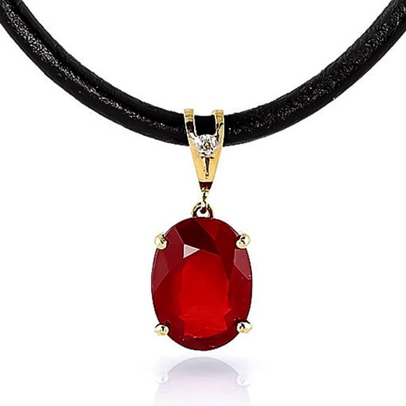 14K. GOLD & LEATHER NECKLACE WITH DIAMOND & RUBY